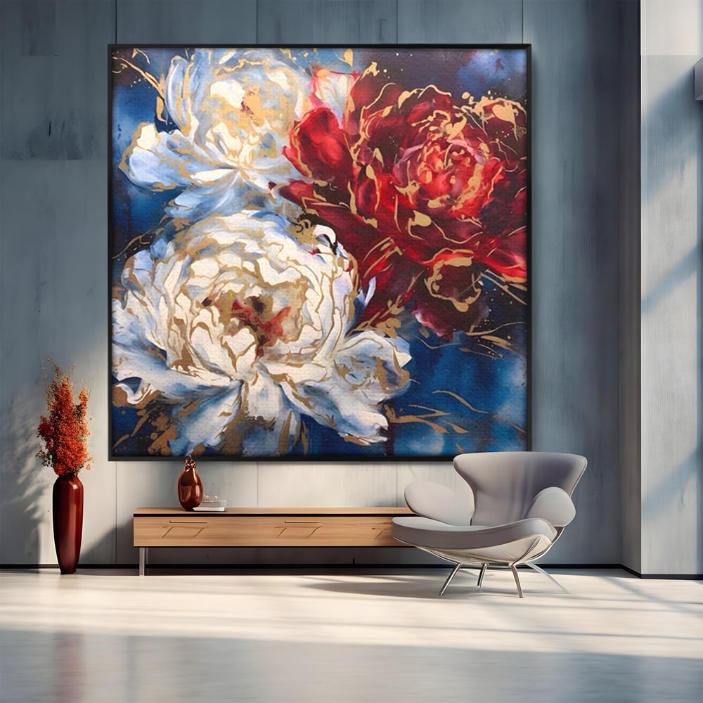 Tablou canvas cu tablou canvas cu trei bujori si foita aurie, in rama de aluminiu negru
